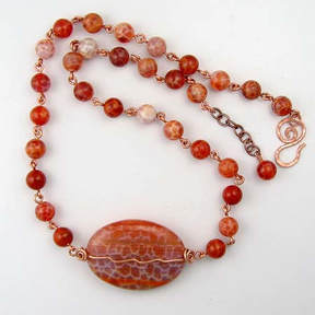 Fired agate focal & bead necklace with copper wire accents