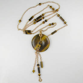 Tiger eye donut and beads with bronze chain lariat necklace
